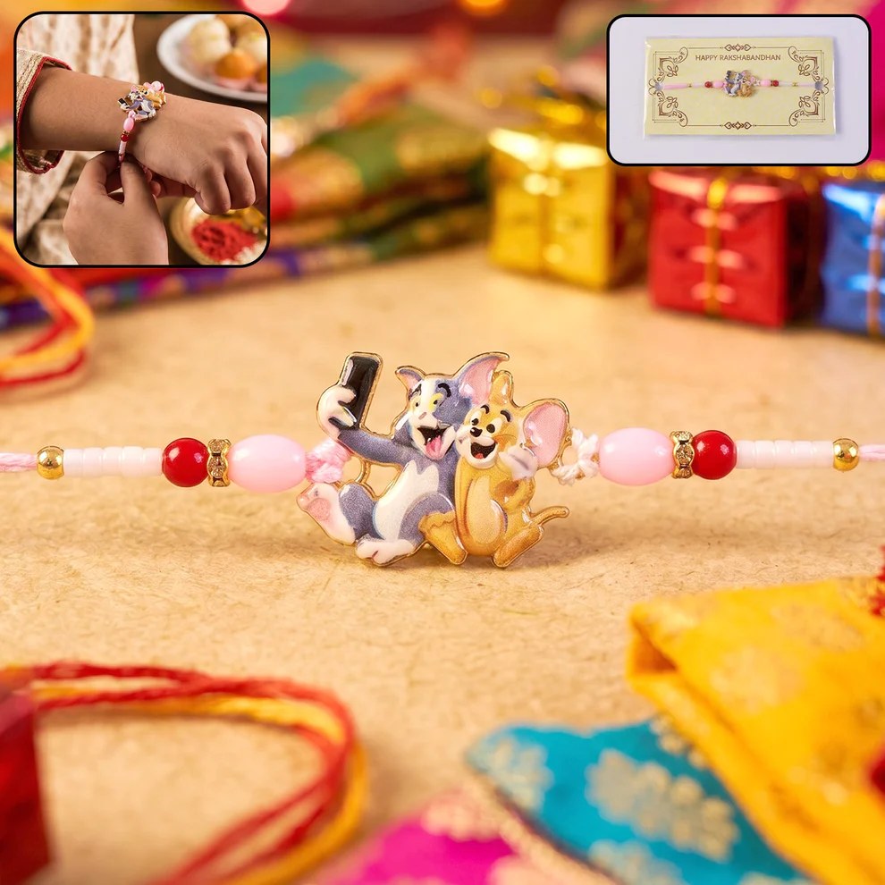 Kids Rakhi – Cute Cartoon Cat & Mouse Selfie Design, 1 pc