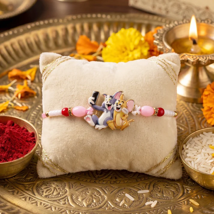 Kids Rakhi – Cute Cartoon Cat & Mouse Selfie Design, 1 pc