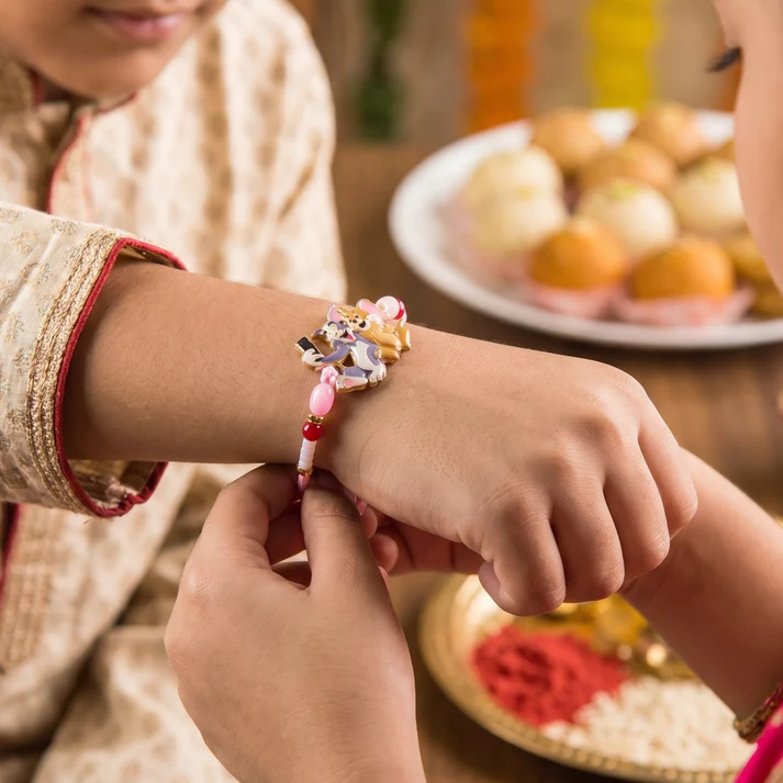 Kids Rakhi – Cute Cartoon Cat & Mouse Selfie Design, 1 pc