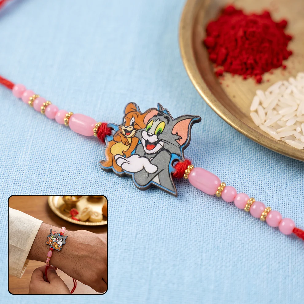 Kids Rakhi – Tom & Jerry with Pink Beads & Gold Accents, 1 pc